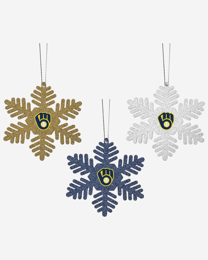 Milwaukee Brewers 3 Pack Metal Glitter Snowflake Ornament FOCO - FOCO.com