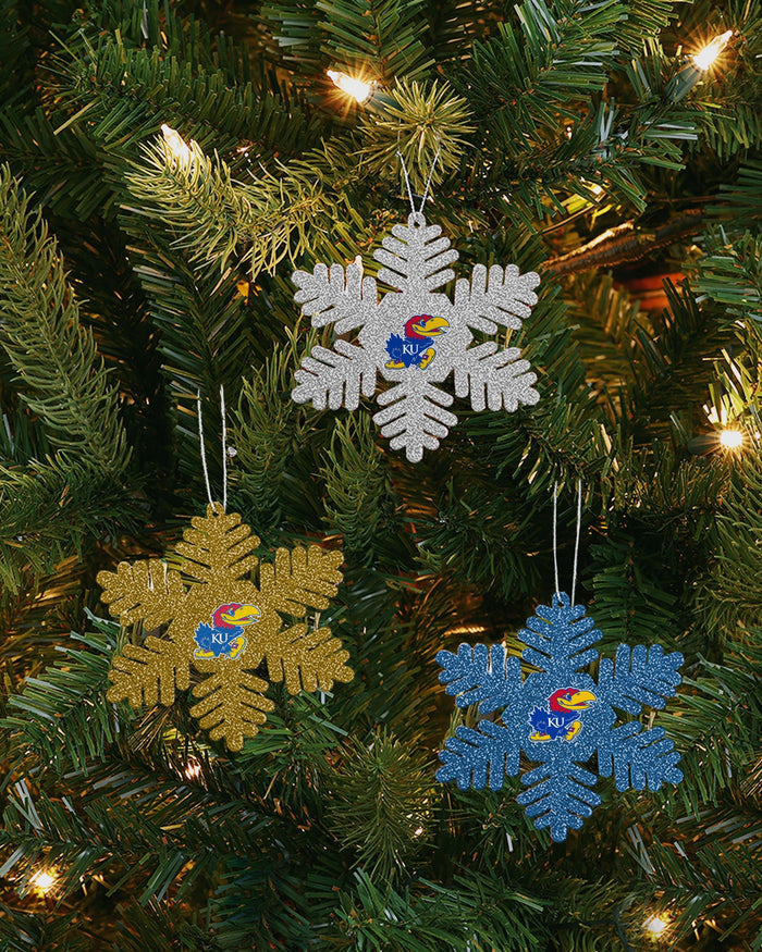 Kansas Jayhawks 3 Pack Metal Glitter Snowflake Ornament FOCO - FOCO.com