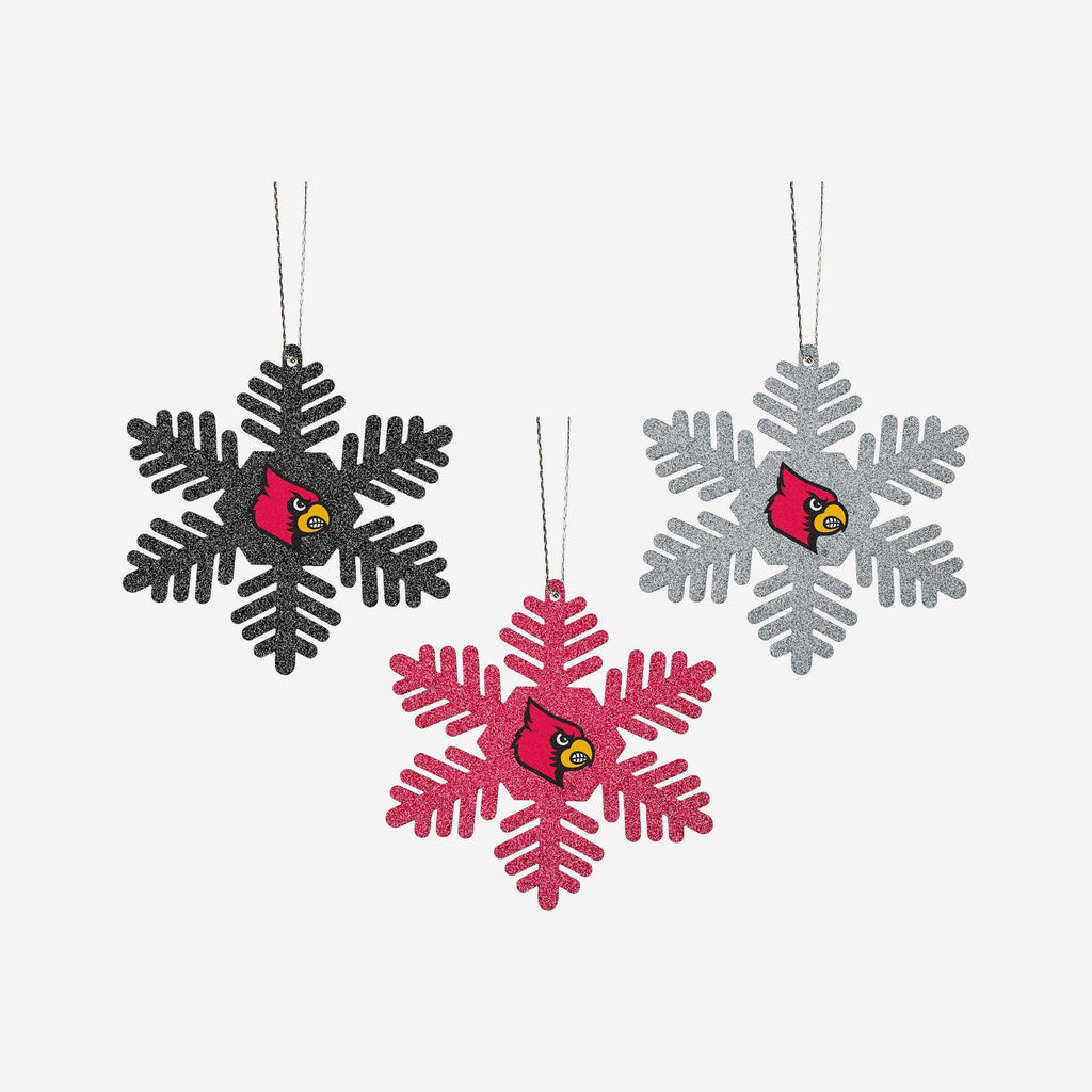 Louisville Cardinals 3 Pack Metal Glitter Snowflake Ornament FOCO - FOCO.com