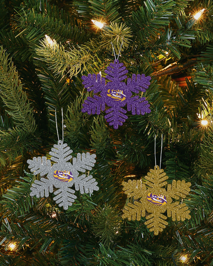 LSU Tigers 3 Pack Metal Glitter Snowflake Ornament FOCO - FOCO.com