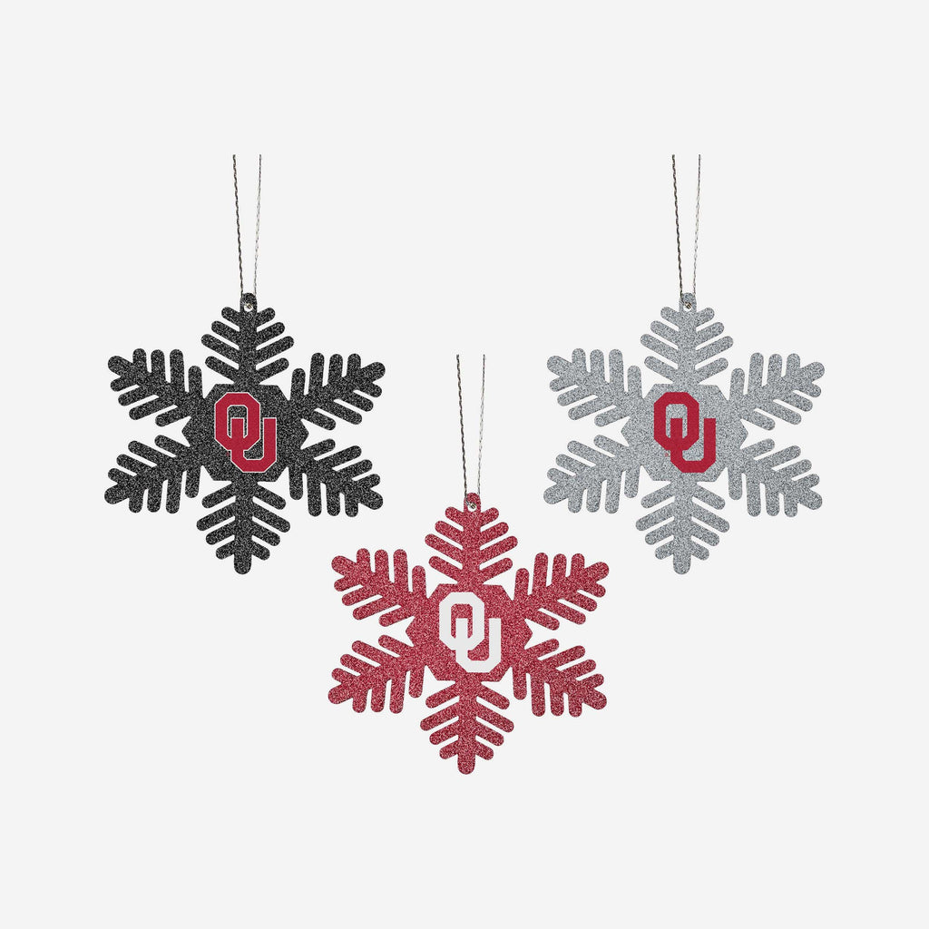 Oklahoma Sooners 3 Pack Metal Glitter Snowflake Ornament FOCO - FOCO.com