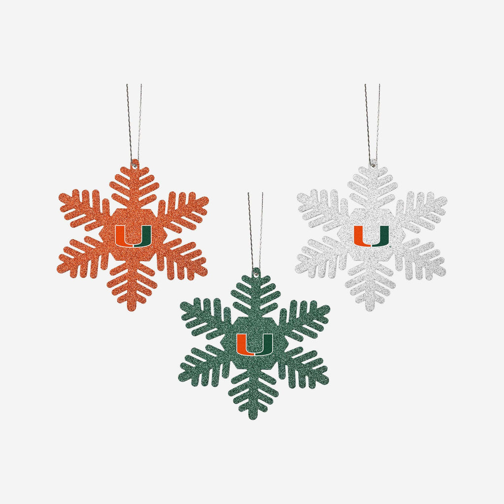 Miami Hurricanes 3 Pack Metal Glitter Snowflake Ornament FOCO - FOCO.com