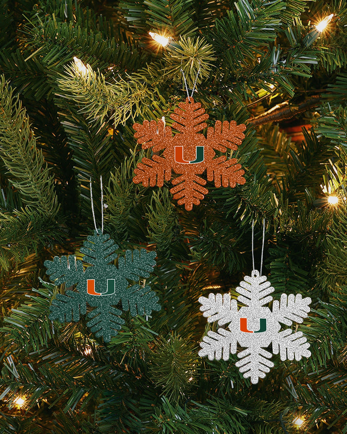 Miami Hurricanes 3 Pack Metal Glitter Snowflake Ornament FOCO - FOCO.com