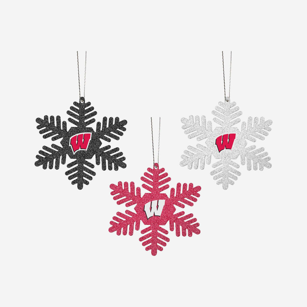 Wisconsin Badgers 3 Pack Metal Glitter Snowflake Ornament FOCO - FOCO.com