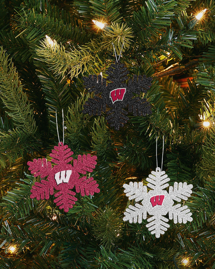 Wisconsin Badgers 3 Pack Metal Glitter Snowflake Ornament FOCO - FOCO.com