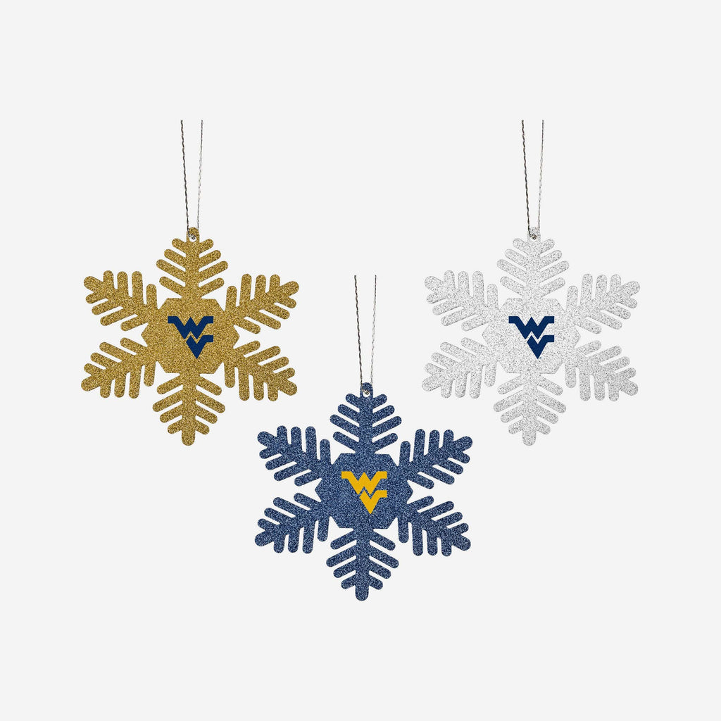 West Virginia Mountaineers 3 Pack Metal Glitter Snowflake Ornament FOCO - FOCO.com