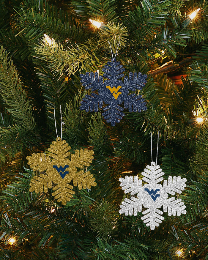 West Virginia Mountaineers 3 Pack Metal Glitter Snowflake Ornament FOCO - FOCO.com