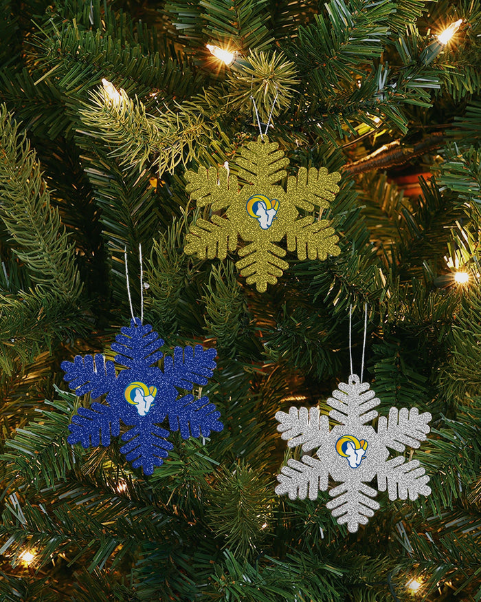 Los Angeles Rams 3 Pack Metal Glitter Snowflake Ornament FOCO - FOCO.com