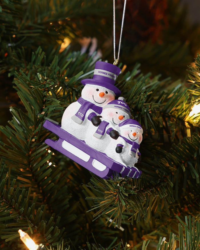 TCU Horned Frogs Sledding Snowmen Ornament FOCO - FOCO.com