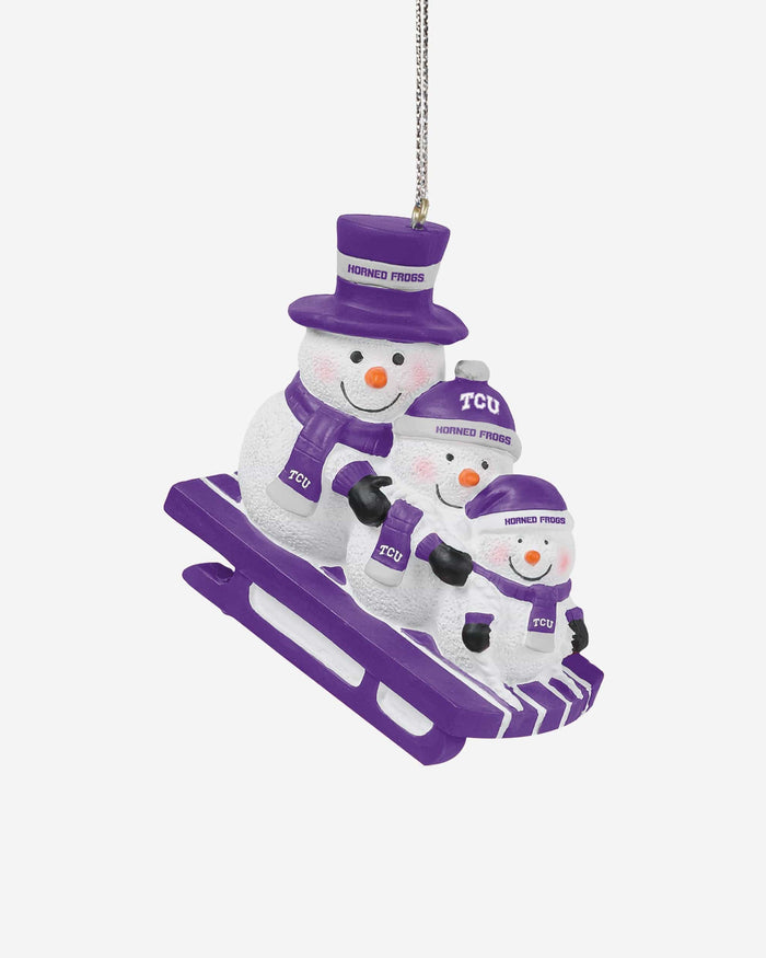 TCU Horned Frogs Sledding Snowmen Ornament FOCO - FOCO.com