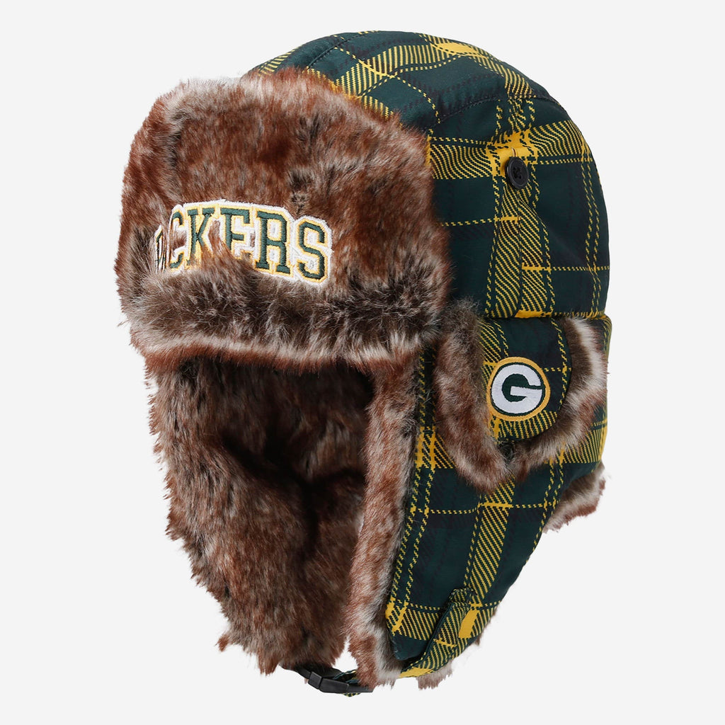 Green Bay Packers NFL Wordmark Flannel Trapper Hat FOCO - FOCO.com