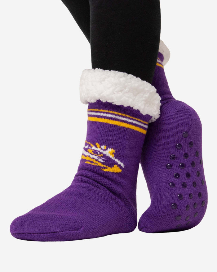 LSU Tigers Womens Stripe Logo Tall Footy Slipper Socks FOCO - FOCO.com