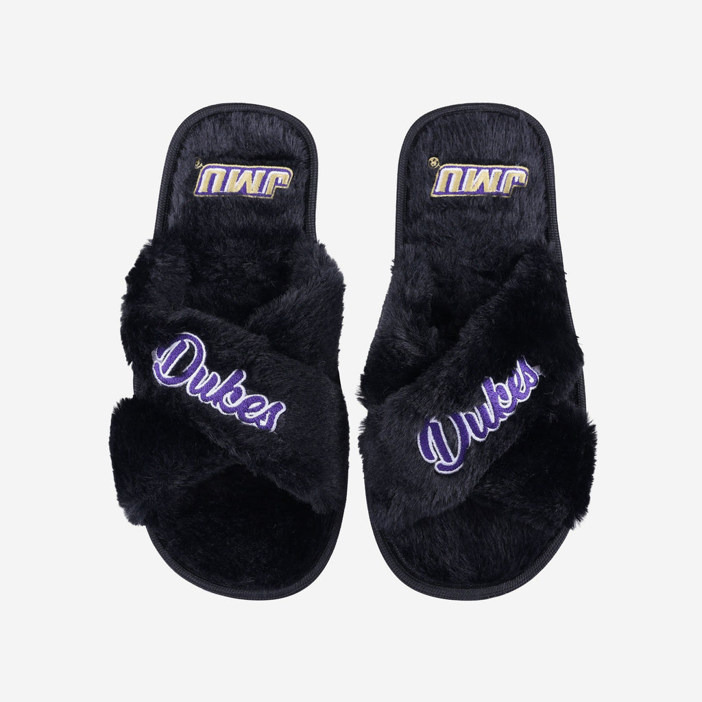 James Madison Dukes Womens Script Wordmark Fur Cross Slide FOCO S - FOCO.com