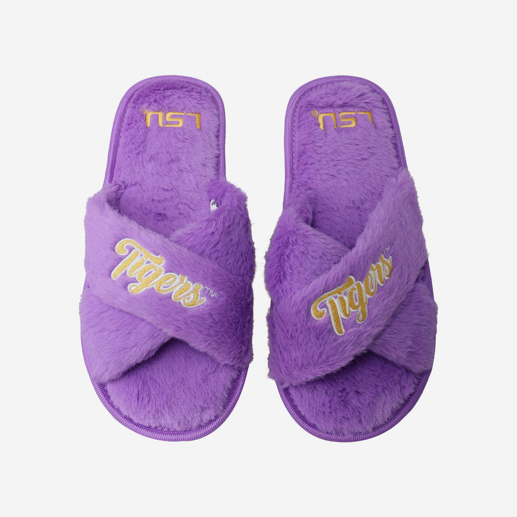 LSU Tigers Womens Script Wordmark Fur Cross Slide FOCO S - FOCO.com