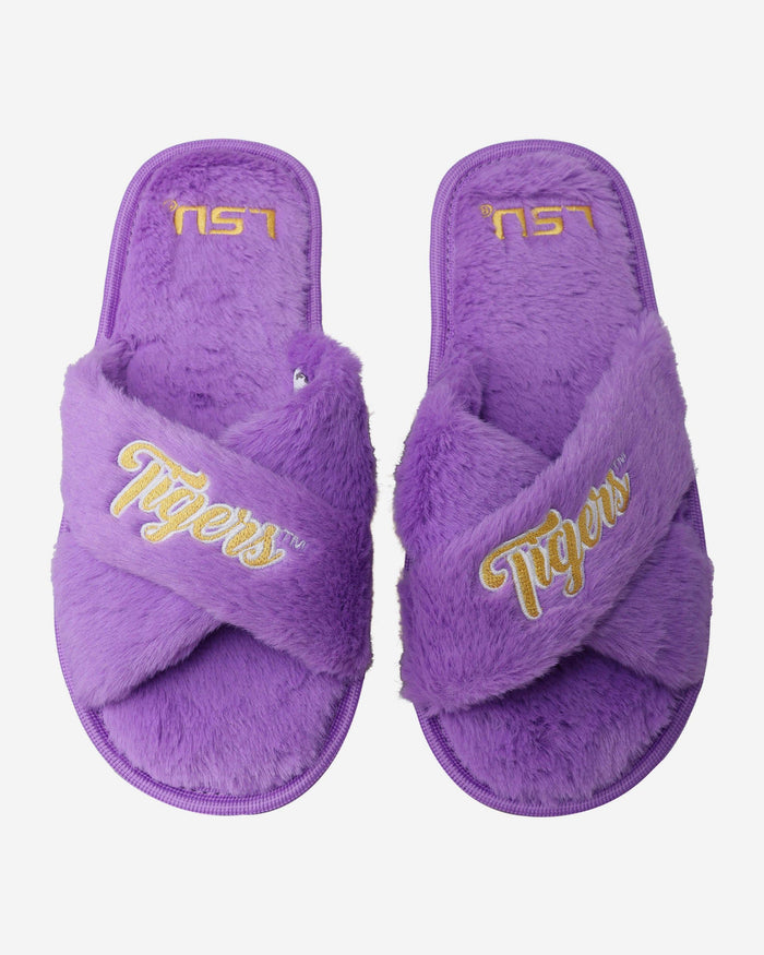 LSU Tigers Womens Script Wordmark Fur Cross Slide FOCO S - FOCO.com