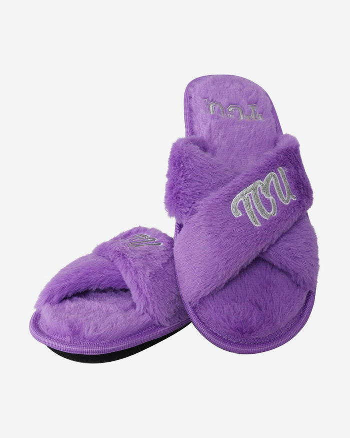 TCU Horned Frogs Womens Script Wordmark Fur Cross Slide FOCO - FOCO.com