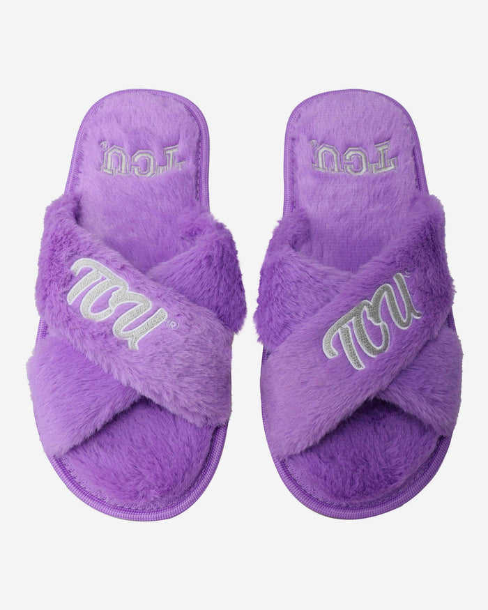 TCU Horned Frogs Womens Script Wordmark Fur Cross Slide FOCO S - FOCO.com