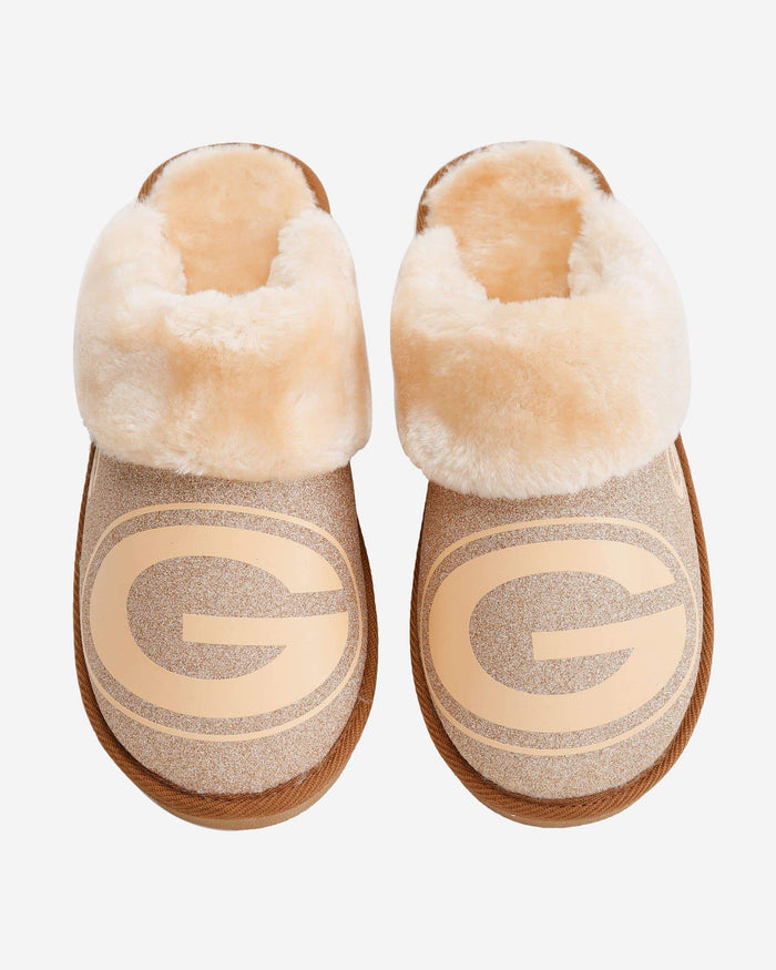 Green Bay Packers Womens Glitter Open Back Fur Moccasin Slipper FOCO - FOCO.com