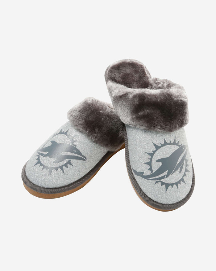 Miami Dolphins Womens Glitter Open Back Fur Moccasin Slipper FOCO - FOCO.com