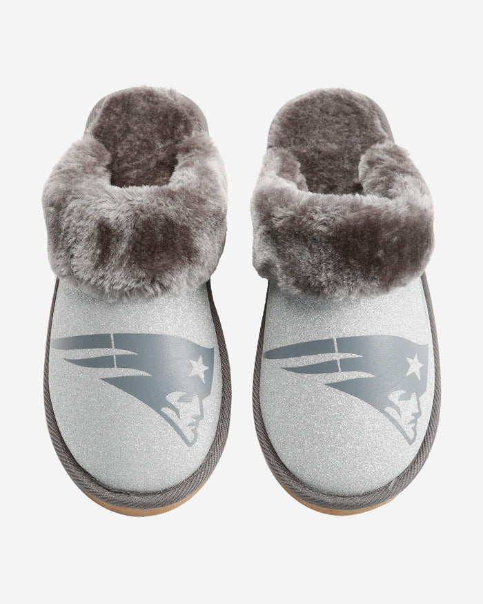 New England Patriots Womens Glitter Open Back Fur Moccasin Slipper FOCO - FOCO.com