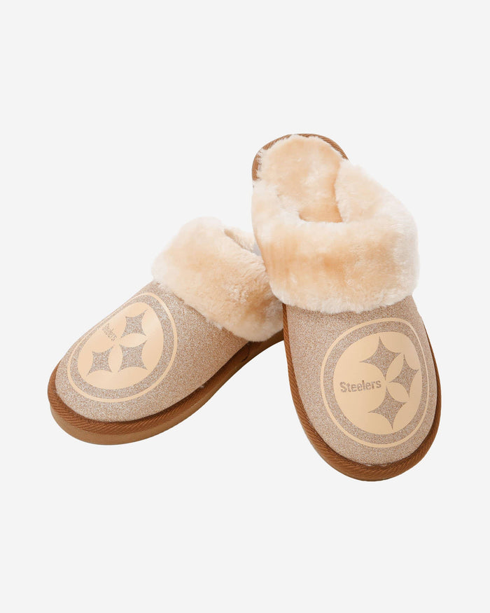 Pittsburgh Steelers Womens Glitter Open Back Fur Moccasin Slipper FOCO - FOCO.com