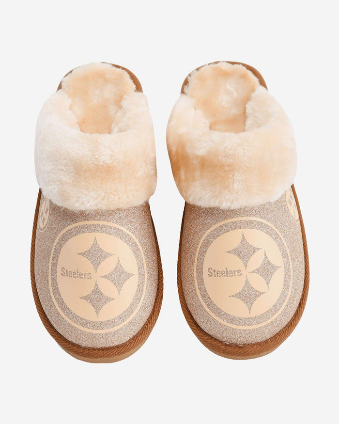 Pittsburgh Steelers Womens Glitter Open Back Fur Moccasin Slipper FOCO - FOCO.com