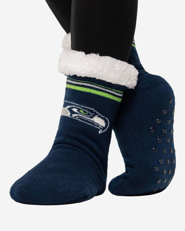 Seattle Seahawks Womens Stripe Logo Tall Footy Slipper Socks FOCO - FOCO.com