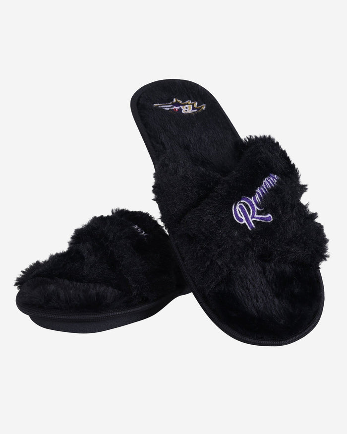 Baltimore Ravens Womens Script Wordmark Fur Cross Slide FOCO - FOCO.com