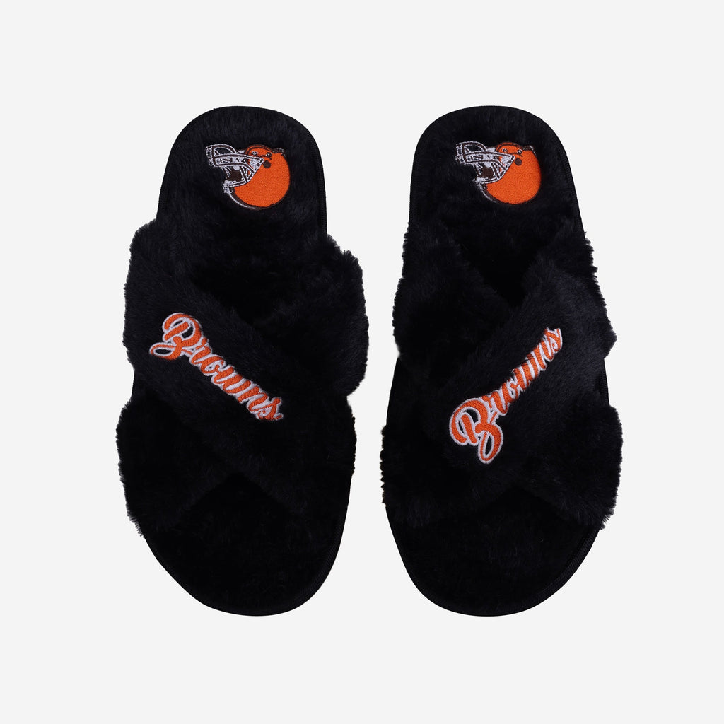 Cleveland Browns Womens Script Wordmark Fur Cross Slide FOCO S - FOCO.com