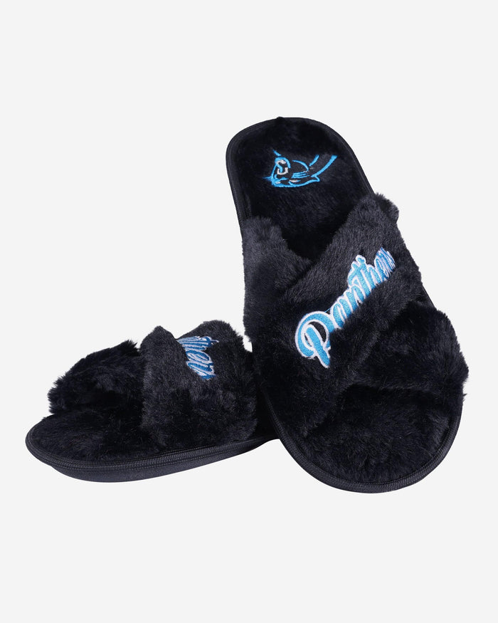 Carolina Panthers Womens Script Wordmark Fur Cross Slide FOCO - FOCO.com