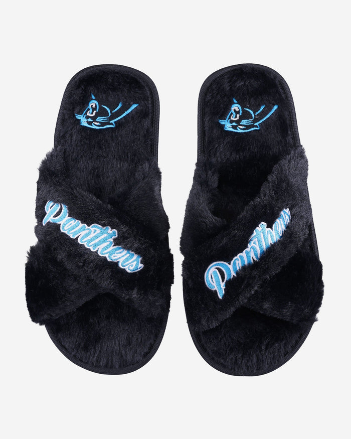 Carolina Panthers Womens Script Wordmark Fur Cross Slide FOCO S - FOCO.com