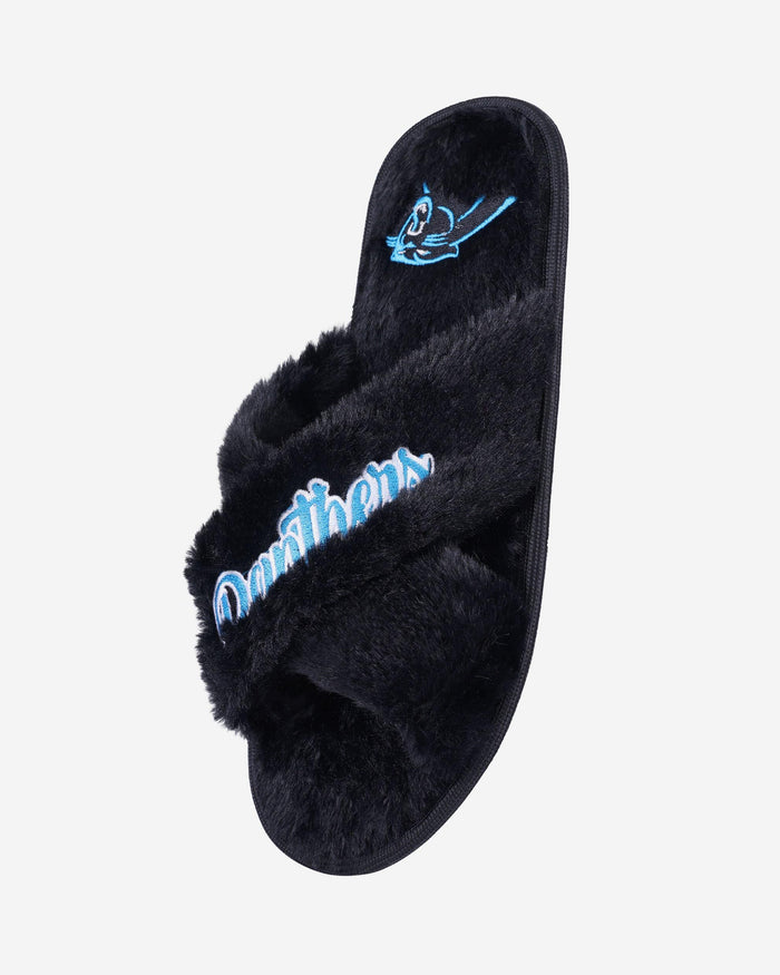 Carolina Panthers Womens Script Wordmark Fur Cross Slide FOCO - FOCO.com