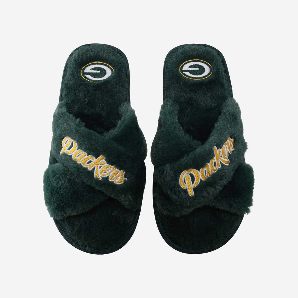 Green Bay Packers Womens Script Wordmark Fur Cross Slide FOCO S - FOCO.com