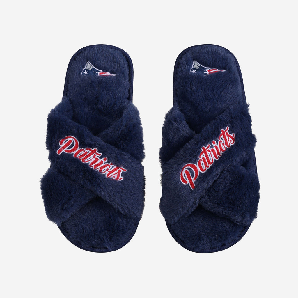 New England Patriots Womens Script Wordmark Fur Cross Slide FOCO S - FOCO.com