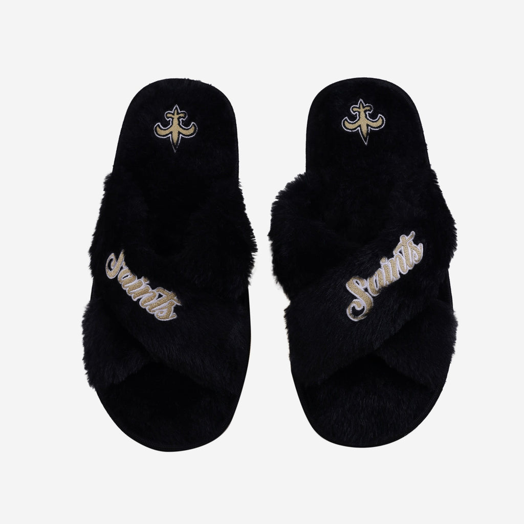 New Orleans Saints Womens Script Wordmark Fur Cross Slide FOCO S - FOCO.com