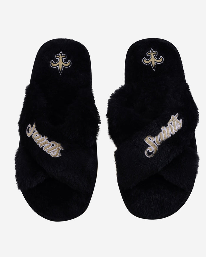 New Orleans Saints Womens Script Wordmark Fur Cross Slide FOCO S - FOCO.com