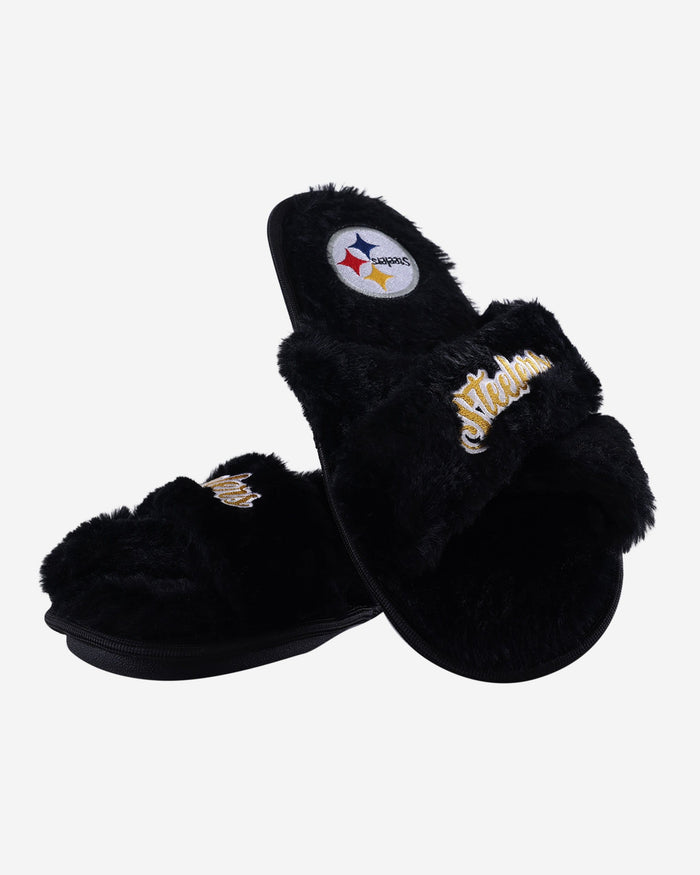Pittsburgh Steelers Womens Script Wordmark Fur Cross Slide FOCO - FOCO.com