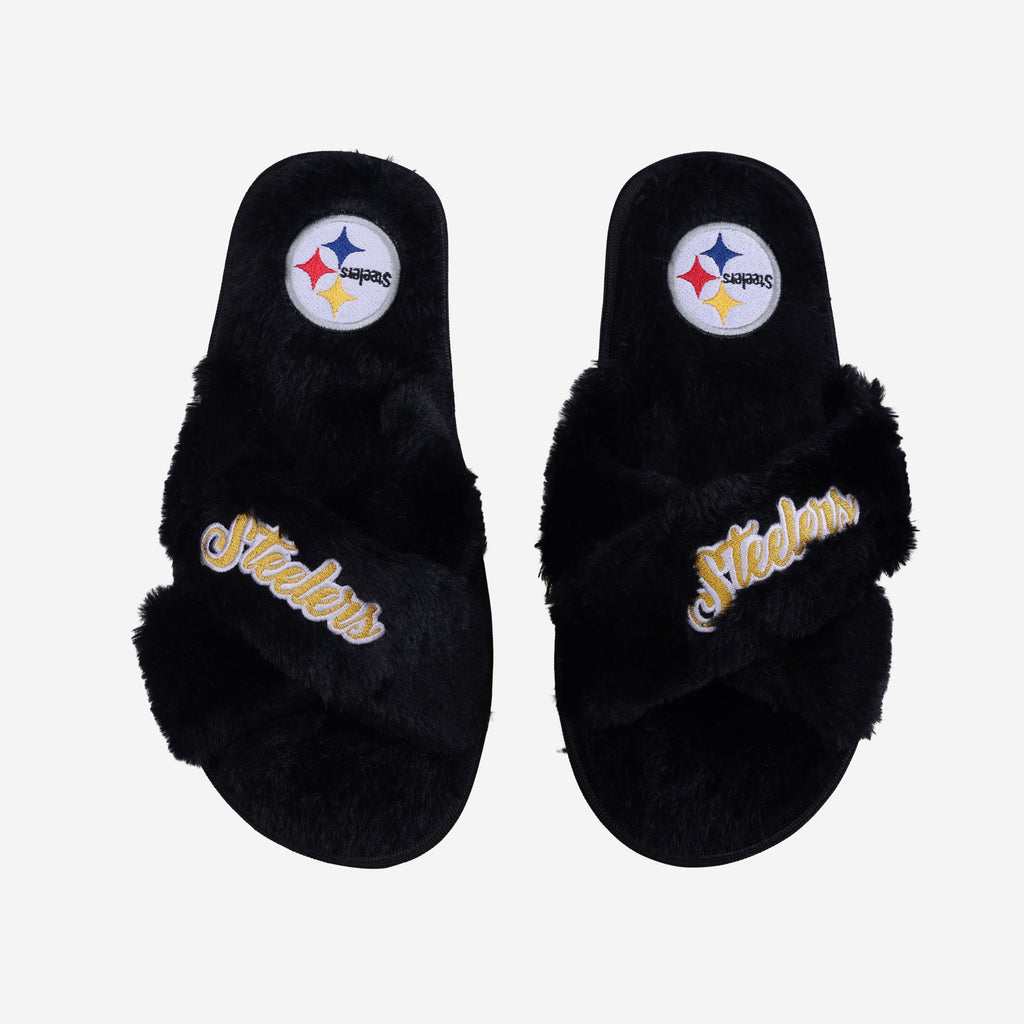 Pittsburgh Steelers Womens Script Wordmark Fur Cross Slide FOCO S - FOCO.com