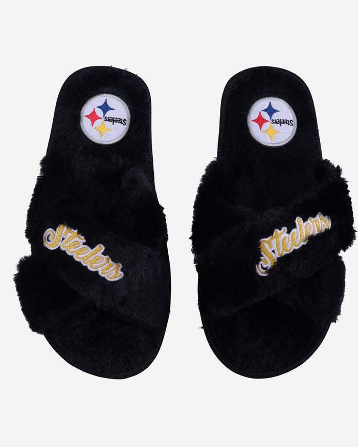 Pittsburgh Steelers Womens Script Wordmark Fur Cross Slide FOCO S - FOCO.com