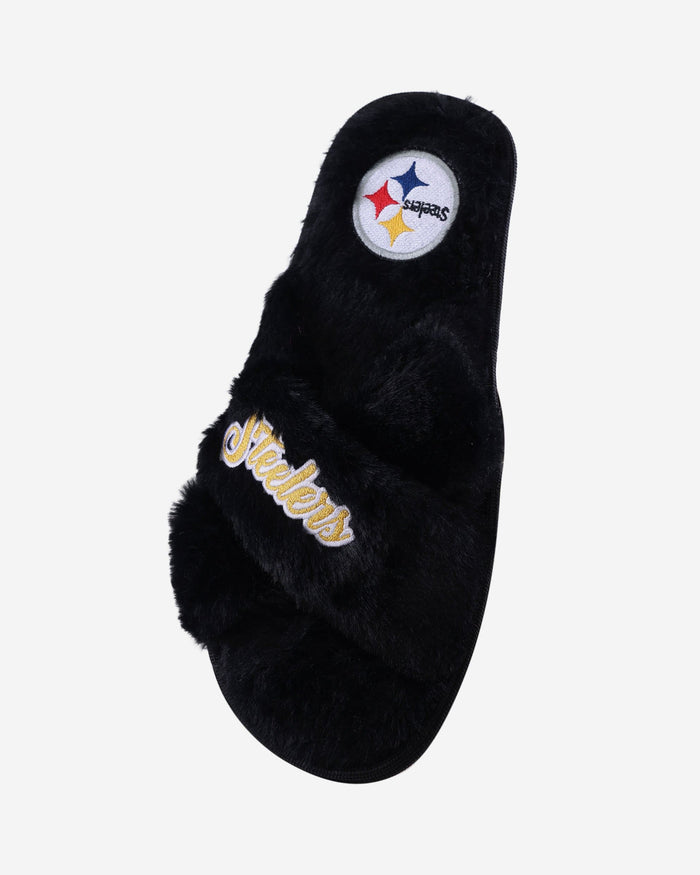 Pittsburgh Steelers Womens Script Wordmark Fur Cross Slide FOCO - FOCO.com