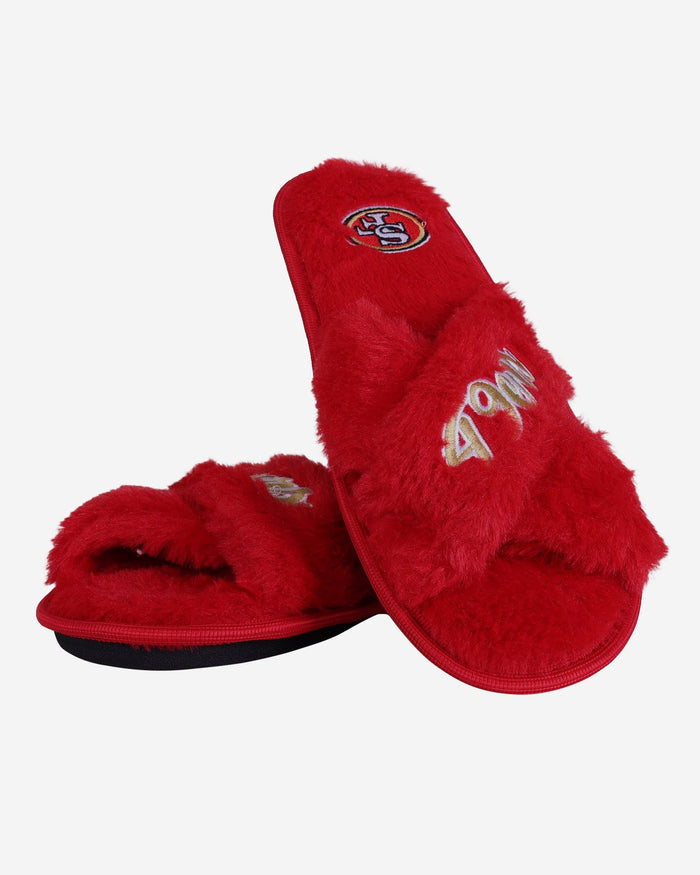 San Francisco 49ers Womens Script Wordmark Fur Cross Slide FOCO - FOCO.com