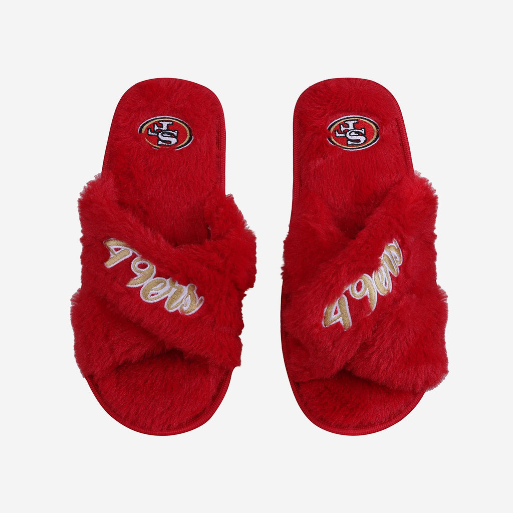 San Francisco 49ers Womens Script Wordmark Fur Cross Slide FOCO S - FOCO.com