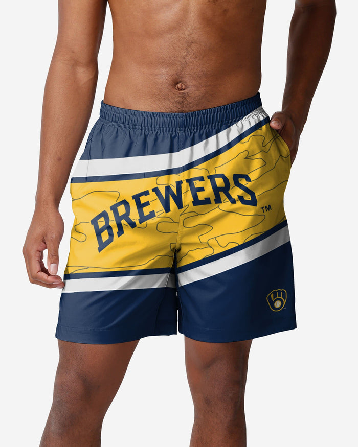 Milwaukee Brewers Big Wordmark Swimming Trunks FOCO S - FOCO.com