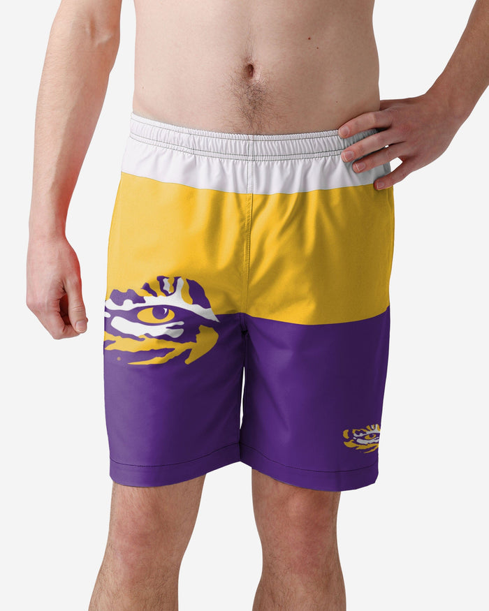 LSU Tigers 3 Stripe Big Logo Swimming Trunks FOCO S - FOCO.com