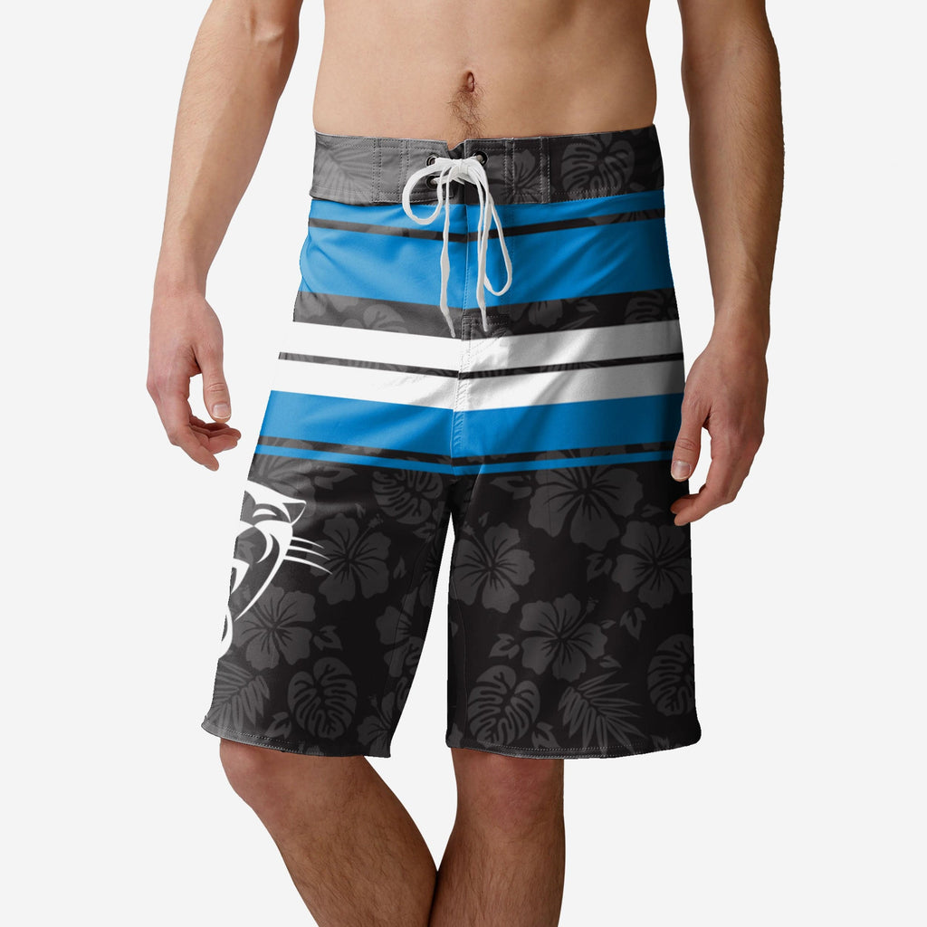 Carolina Panthers Hibiscus Boardwalk Stripe Boardshorts FOCO S - FOCO.com