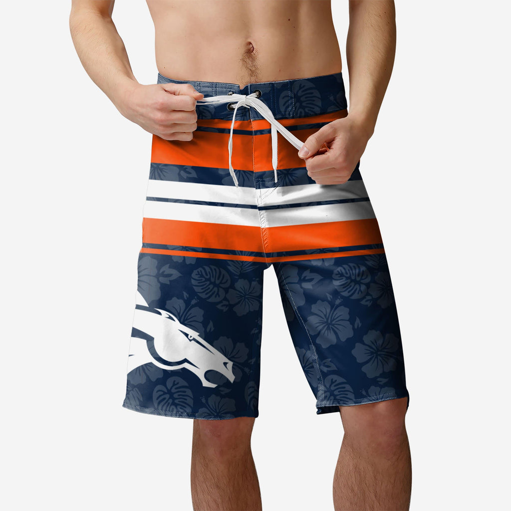 Denver Broncos Hibiscus Boardwalk Stripe Boardshorts FOCO S - FOCO.com