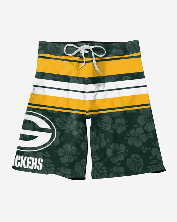 Green Bay Packers Hibiscus Boardwalk Stripe Boardshorts FOCO - FOCO.com