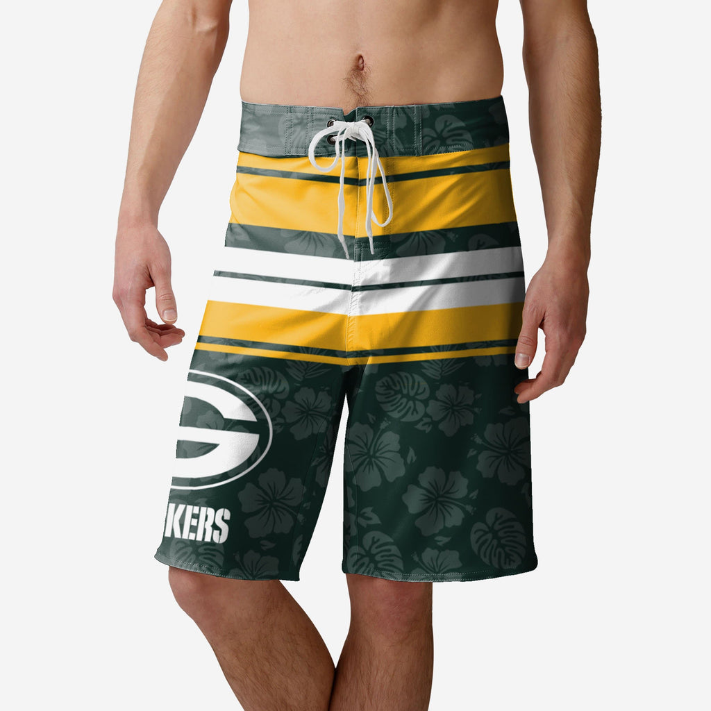 Green Bay Packers Hibiscus Boardwalk Stripe Boardshorts FOCO S - FOCO.com