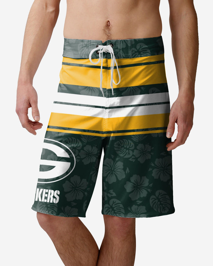 Green Bay Packers Hibiscus Boardwalk Stripe Boardshorts FOCO S - FOCO.com