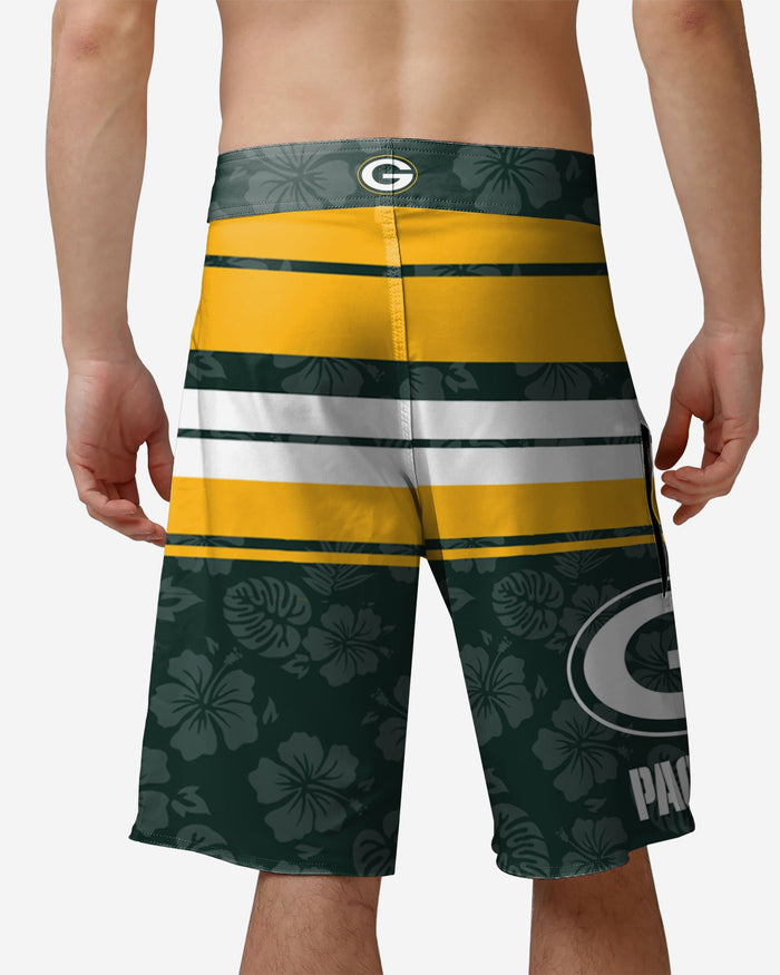 Green Bay Packers Hibiscus Boardwalk Stripe Boardshorts FOCO - FOCO.com